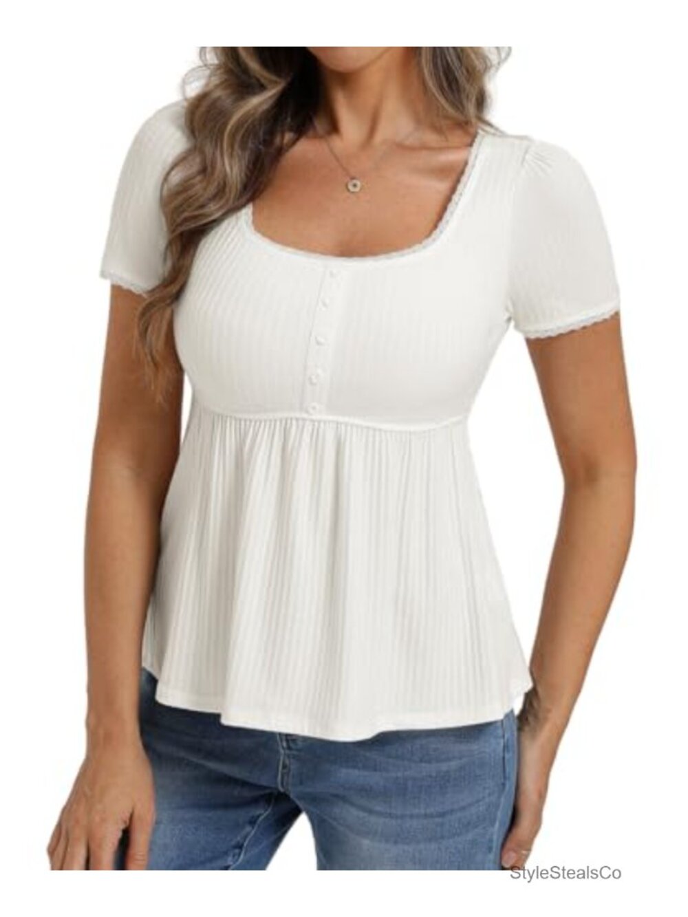 Womens Square Neck Babydoll Peplum Top Short Sleeve Lace Trim Casual Blouse